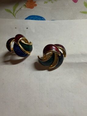 Gold-Tone Multicolor Enamel Swirl Clip-On Earrings - Red, Green, Blue